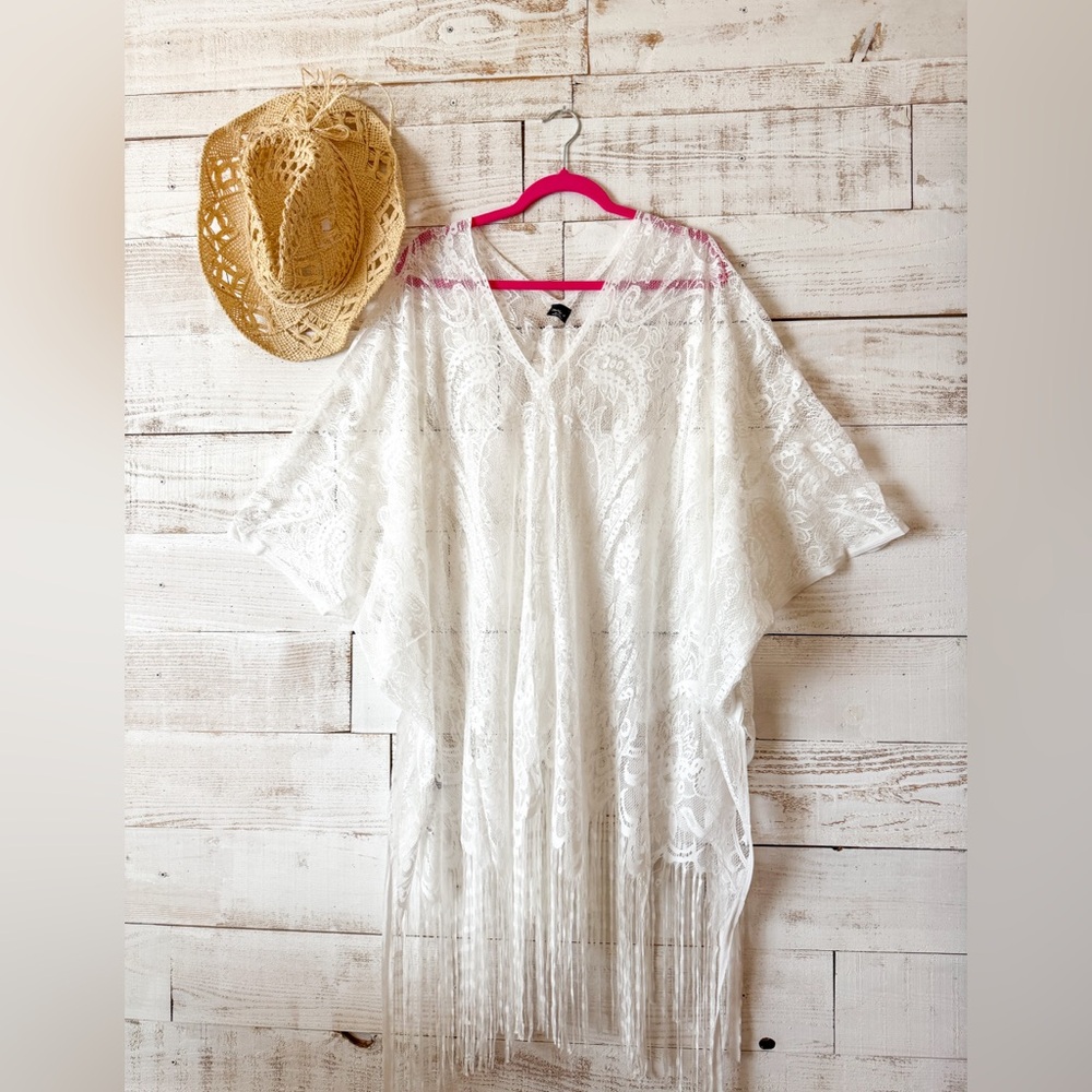 White Lace Fringe Kimono cover up